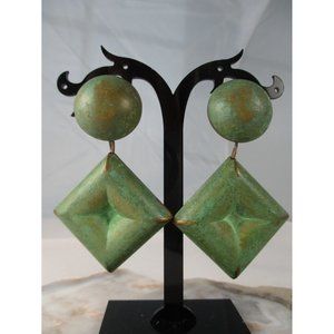 BIG Vintage Green Patina Copper Artisan Clip Long Dangle Earrings